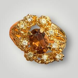 Vintage 18K THGE Gold Plated Cocktail Ring Brown Gemstone Halo Size 9.5